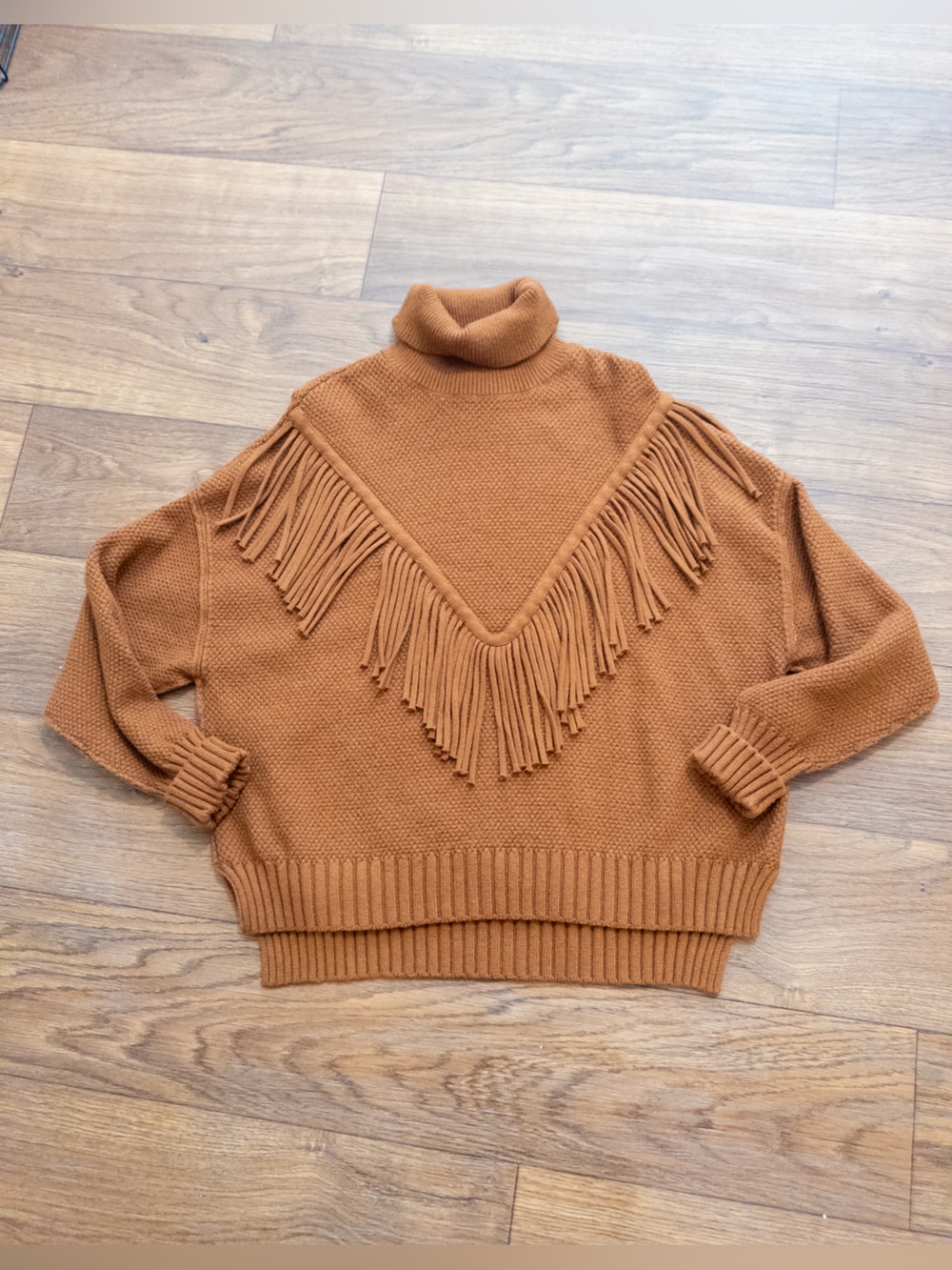 Philosophy Fringe Turtleneck Sweater XL Tall Camel Brown Boho Western Cozy
